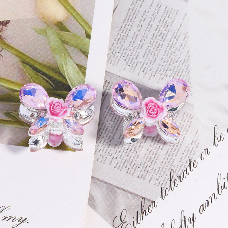 Wholesale 5pcs/pack Heavy alloy rose butterfly rhinestone beads straight hole beads DIY